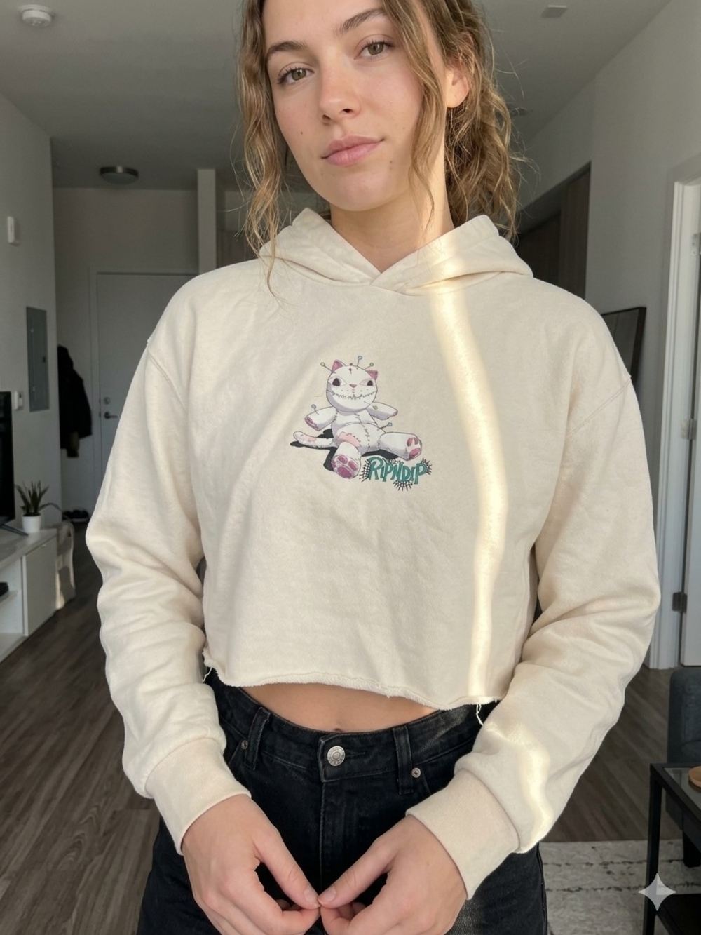 Ripndip Cream Cropped Hoodie with Toy Cat Graphic